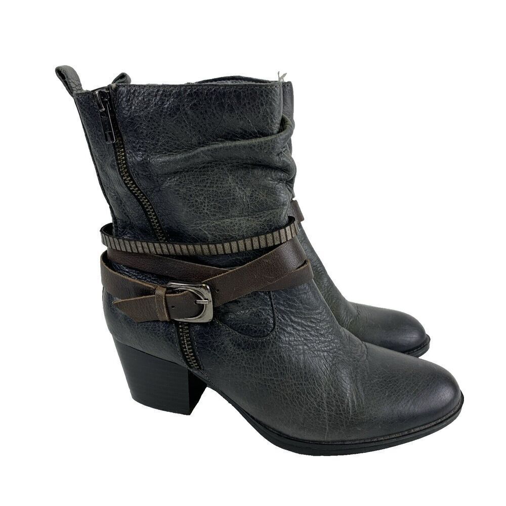 Earth Spruce Heel Boot Dark Gray Leather Side Zip Buckle Straps Comfort Womens 8